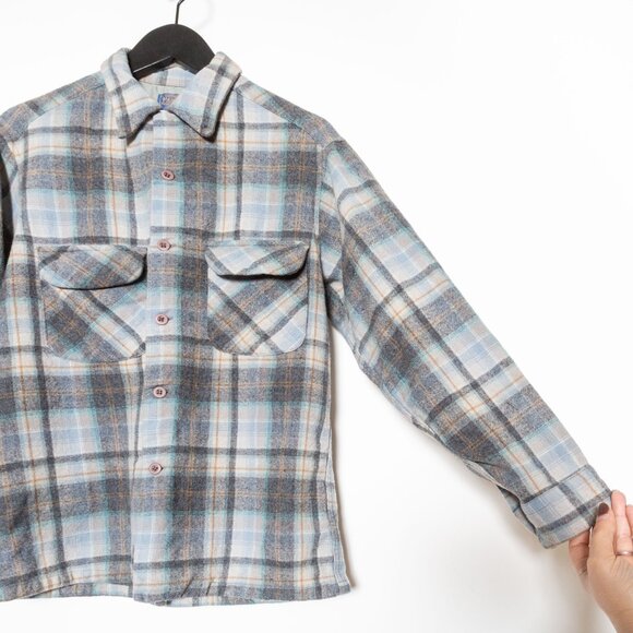 SOLD - Pendleton Vintage Wool Board Shirt - Blue Gray Tan - Size S/M - Picture 4 of 11
